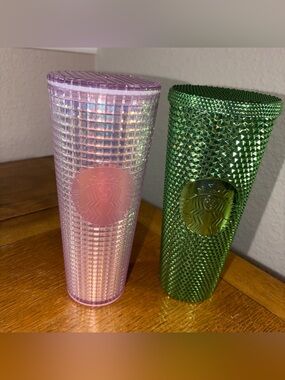 Starbucks Iridescent Pink & Metallic Green Studded Tumblers